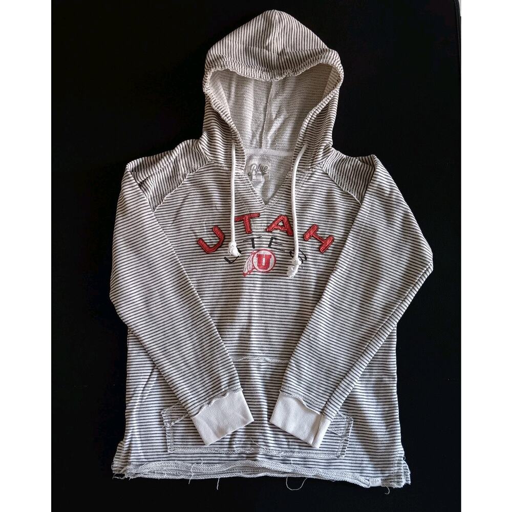 Blue 84 University Of Utah GO UTES Striped Hoodie Womens Size Large Long Sleeve